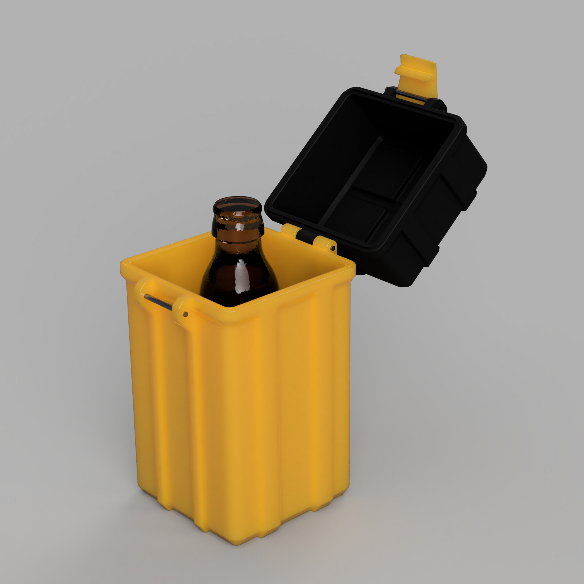 Gold giftbox with a black lid containing a brown bottle of special sake